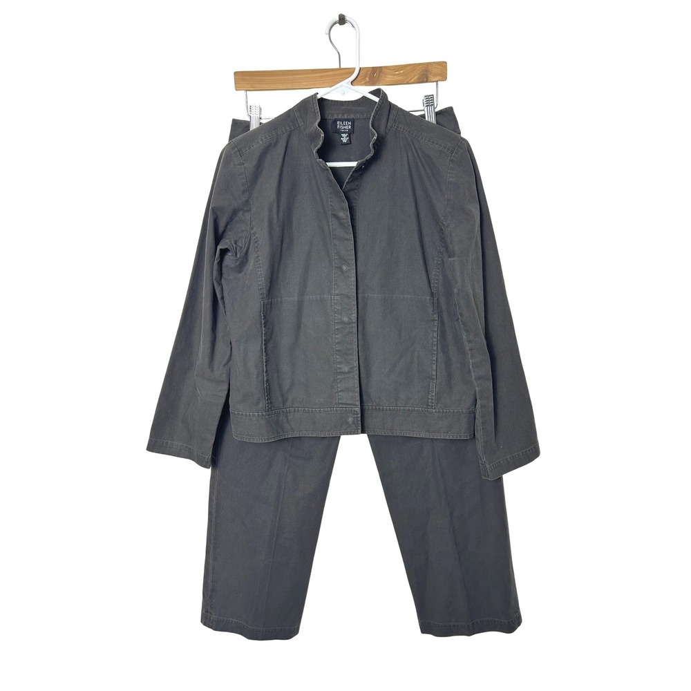 Eileen Fisher Pant Suit Women PS Gray Snap Front Jacket Straight Leg Minimalist